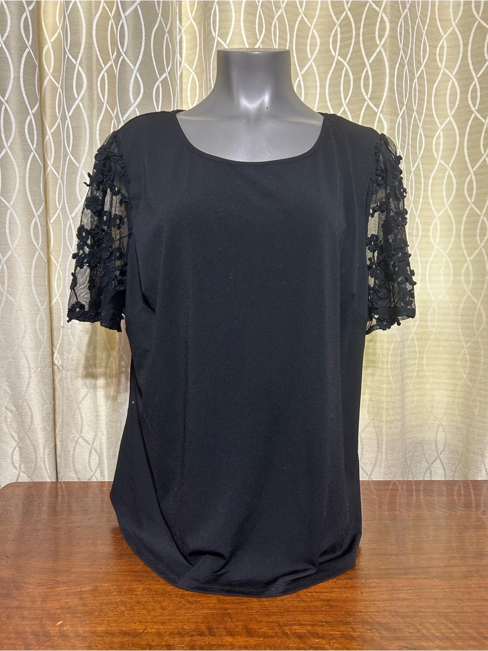 Adrianna Papell Black Scoop Neck Top with Floral Lace Sleeves